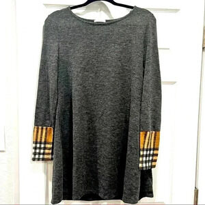 12 PM by Mon Ami USA sweater mini dress w British plaid sleeve detail